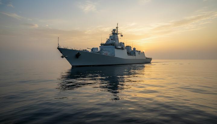Современный индийский военный фрегат класса Nilgiri в одиночном патрулировании в спокойных водах Индийского океана на рассвете.