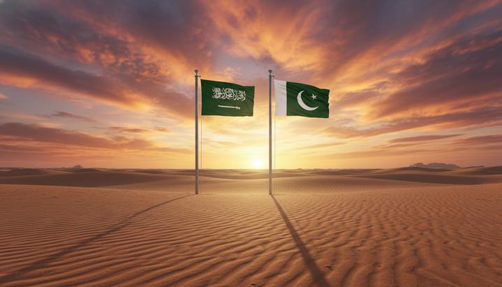 Саудовская Аравия и Пакистан: новый пакт меняет расклад сил в Азии Флаги Саудовской Аравии и Пакистана, установленные рядом на флагштоках посреди бескрайней пустыни на закате.