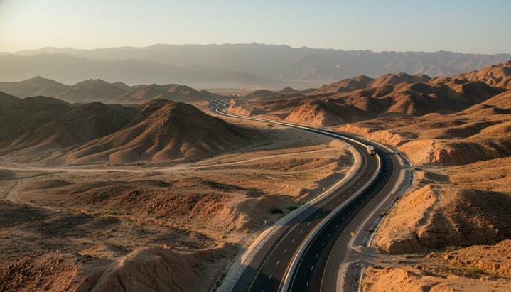 Современное пустое шоссе, пролегающее через суровый горный пейзаж Пакистана на закате.