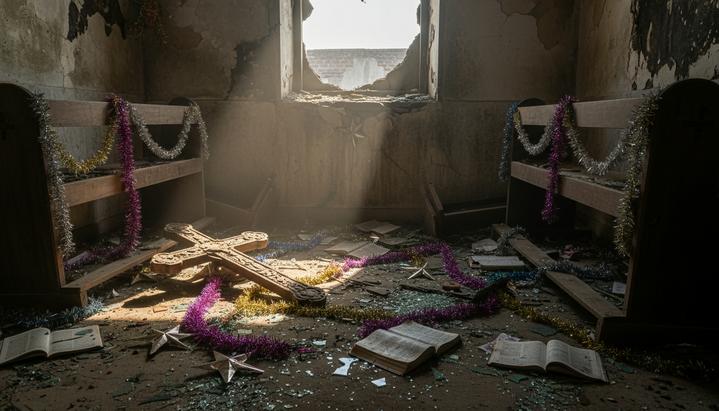 Внутреннее убранство разгромленной церкви в индийской деревне. На полу разбросаны сожженные рождественские украшения и сломанные скамьи.