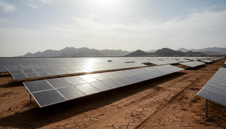 Солнечная электростанция с рядами фотоэлектрических панелей в пустынном ландшафте Пакистана на фоне далеких гор.