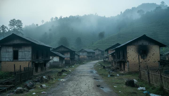 Заброшенная деревенская улица в предгорьях Манипура. Поврежденные и сожженные дома на фоне зеленых холмов в утреннем тумане.
