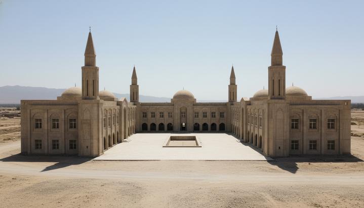 Хрупкий порядок: внутренние расколы и репрессии режима талибов Пустой двор нового медресе с суровой архитектурой на окраине Кандагара в Афганистане.