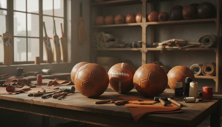 Сшитые вручную футбольные мячи и инструменты для работы с кожей на верстаке в ремесленной мастерской в Пакистане.