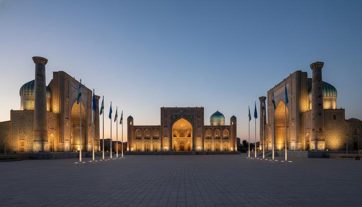 Площадь Регистан в Самарканде в сумерках, освещенная для мероприятия, с флагами Узбекистана и ЕС у древних медресе.