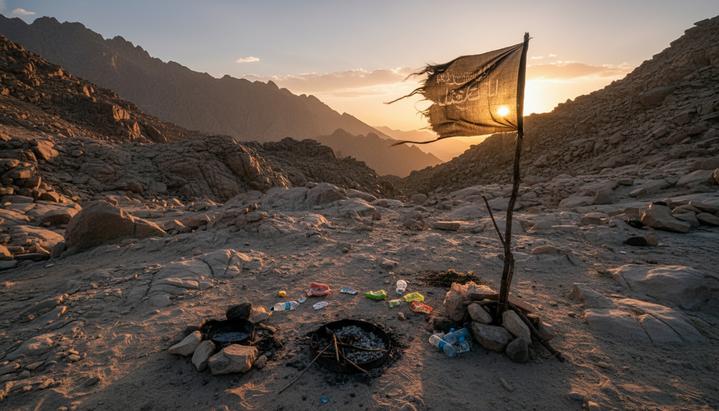 Заброшенный лагерь боевиков в скалистых горах Афганистана. Рваный черный флаг на шесте на фоне пустынного ущелья.