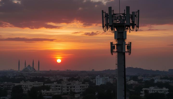 Пакистан на пороге эры 5G: аукцион изменит цифровую экономику страны Современная вышка сотовой связи 5G на фоне заката над городским пейзажем Исламабада, Пакистан. На горизонте видна мечеть Фейсал.