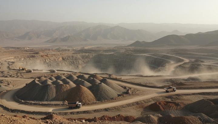 Горный пейзаж Афганистана с карьером по добыче полезных ископаемых. Видны отвалы породы и следы большегрузной техники на пустынной местности.