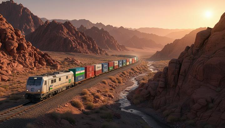 Современный грузовой поезд с контейнерами движется по железной дороге через суровый горный перевал на рассвете.