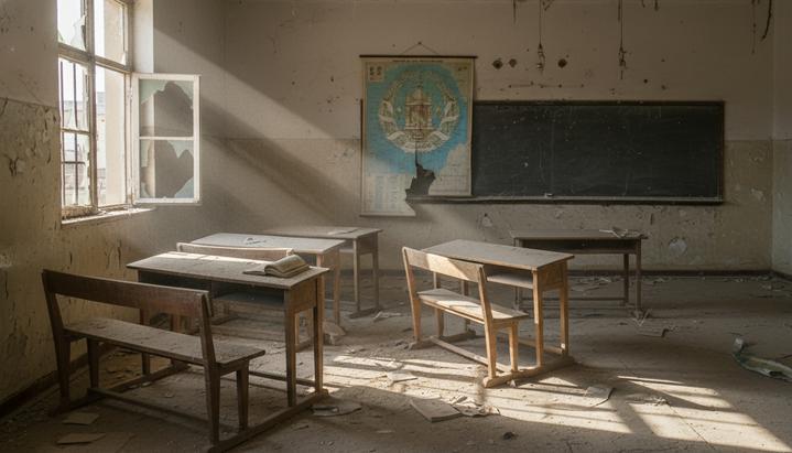 Пустой запыленный класс в афганской школе. Солнечный свет падает на перевернутые парты и старую карту на стене.