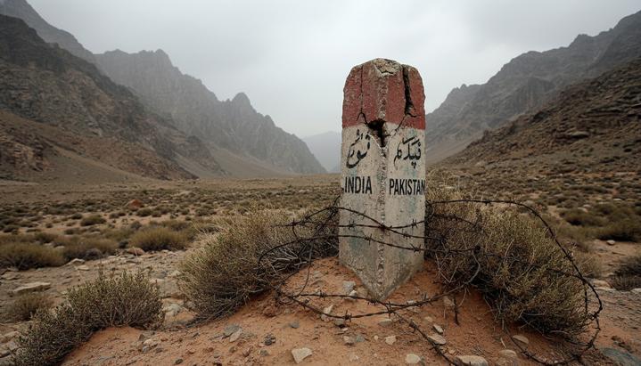 Старый, потрескавшийся пограничный столб между Индией и Пакистаном на пустынном горном перевале под пасмурным небом.