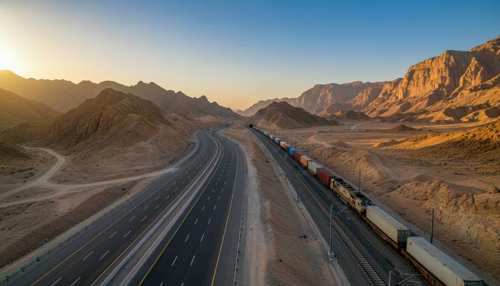 Современное шоссе и железная дорога в горном ущелье Пакистана – символ экономического развития и связи.