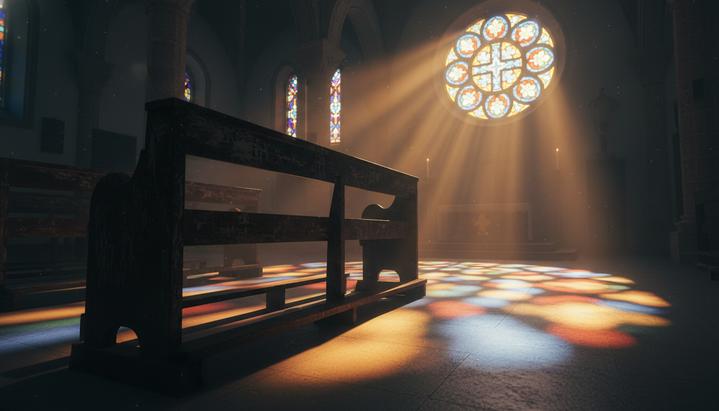 Пустая деревянная скамья в католической церкви в Индии. Солнечный свет из витражного окна падает на каменный пол.