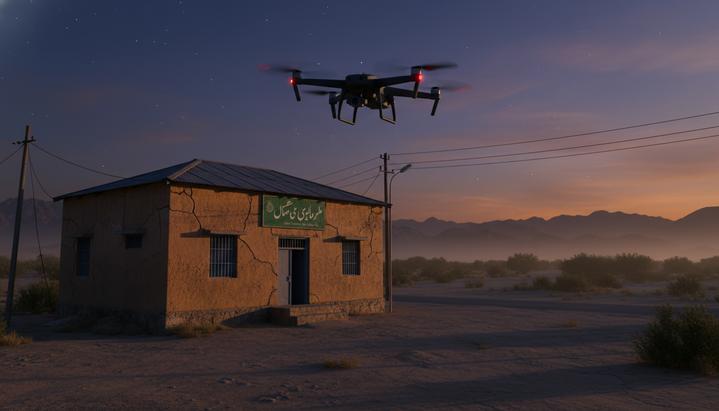 Небольшой коммерческий квадрокоптер завис в сумеречном небе над зданием полицейского участка в пакистанском городе Банну.