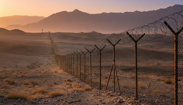 Металлический пограничный забор с колючей проволокой, проходящий через суровый горный ландшафт на границе Пакистана и Афганистана.