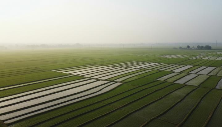 Индия – новый рисовый король мира: триумф с оглядкой на экологию Бескрайние зеленые рисовые поля в Индии на рассвете, уходящие за горизонт. Масштабное сельскохозяйственное производство риса.