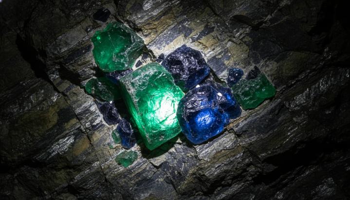 Крупный план необработанных драгоценных камней – изумрудов и сапфиров – вросших в скальную породу.