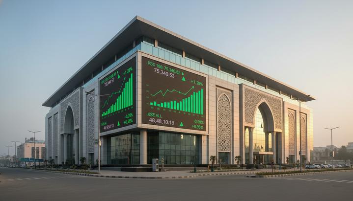 Пакистан 2026: нация входит в новый год с рекордным уровнем оптимизма Современное здание Пакистанской фондовой биржи в Карачи на рассвете. На фасаде виден светящийся экран с растущими графиками.