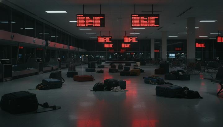 Пустой ночной терминал аэропорта с разбросанным на полу багажом и светящимся табло с отмененными рейсами.