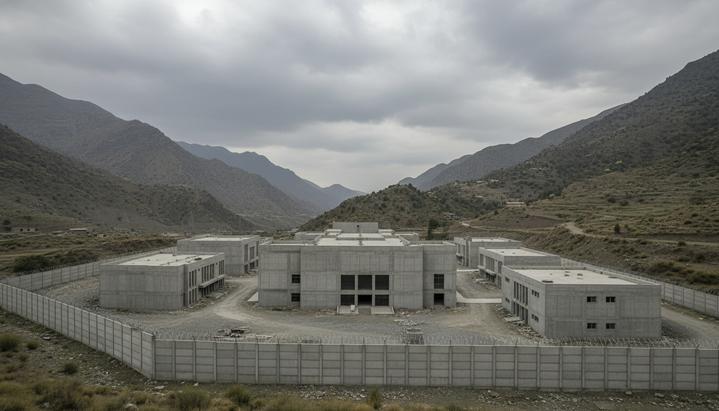 Современный комплекс зданий, окруженный забором с колючей проволокой, в горной местности Музаффарабада.