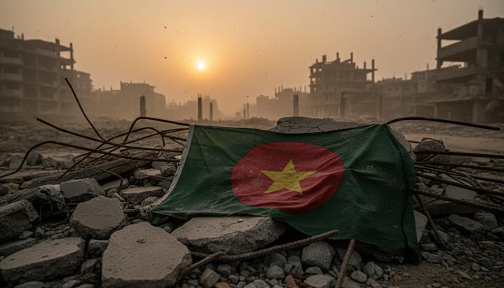 Бангладеш на распутье: забвение истории ради сомнительной миссии в Газе Потрепанный флаг Бангладеш лежит на бетонных обломках и арматуре в разрушенном городе на рассвете.