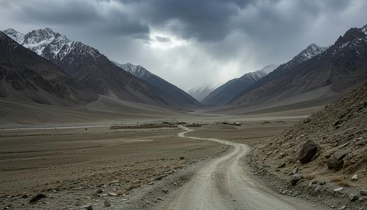 Афганистан: территория нестабильности вопреки обещаниям властей Горный пейзаж Ваханского коридора в Афганистане. Извилистая грунтовая дорога в пустынной долине, ведущая к пограничному посту на фоне суровых гор под пасмурным небом.