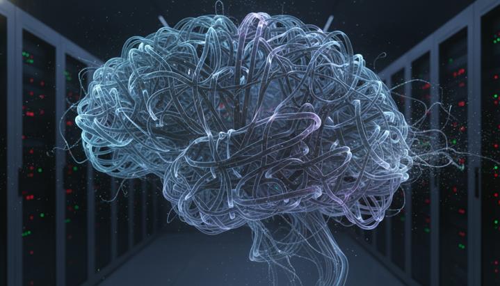 Светящаяся трехмерная нейросеть из световых потоков в темном серверном зале. Некоторые потоки данных затухают и исчезают.