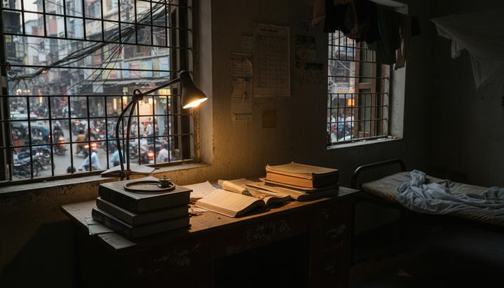 Комната студенческого общежития в сумерках. На столе лежат медицинские учебники и стетоскоп, за окном с решеткой – улица Дакки.