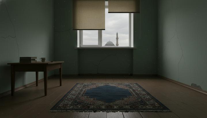 Пустой молитвенный коврик лежит на полу в комнате. Через окно с жалюзи виден купол и минарет мечети в Ташкенте.