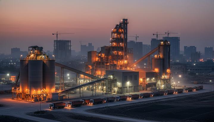 Современный цементный завод в Пакистане на закате. Рядом стоят грузовики, на фоне видны строительные краны и силуэт города.