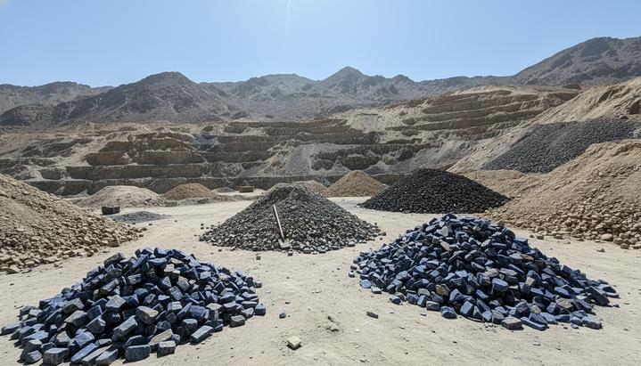 Заброшенный кустарный карьер в горах Афганистана. На бесплодной земле видны груды добытого угля и лазурита.