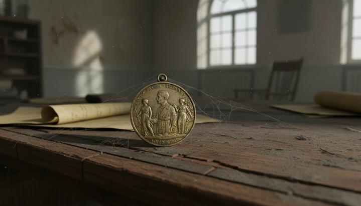 Потускневшая и пыльная медаль Нобелевской премии мира лежит на старом деревянном столе в темной комнате.