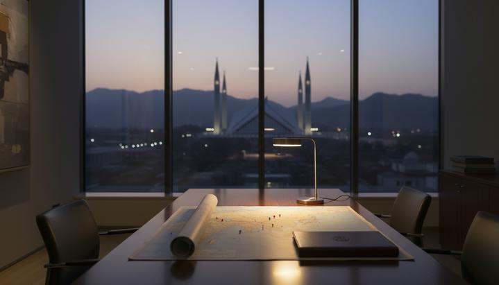 Современный кабинет в Исламабаде с видом на мечеть Фейсал. На столе под светом лампы лежит карта Южной Азии и папка с документами.