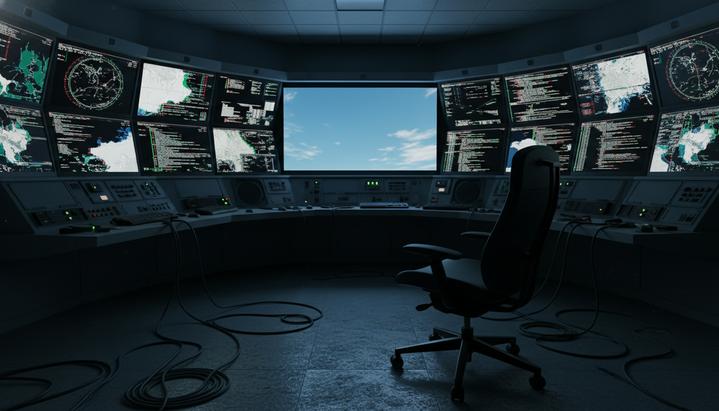Новая эра войн: чему Индию учит гипотетический блицкриг США в Венесуэле Пустой темный зал военного командного центра. На больших экранах видны помехи, искаженные карты и ложное изображение чистого неба. Впереди стоит пустое кресло оператора.