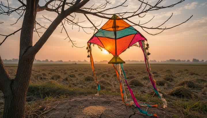 Макар Санкранти: как древний праздник урожая сшивает ткань индийского общества Красочный воздушный змей застрял в ветвях дерева на рассвете над убранным полем в индийской деревне, на земле рассыпаны зерна.