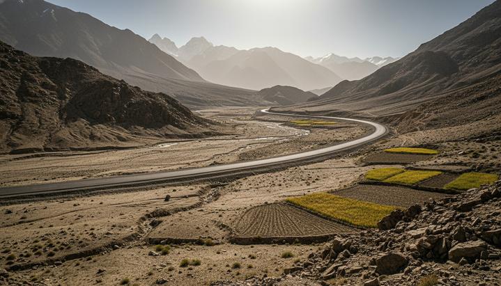 Современное шоссе экономического коридора Китай-Пакистан, пролегающее через сухую, потрескавшуюся землю у подножия скалистых гор.