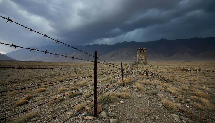 Горный пейзаж на границе Афганистана и Пакистана. Ржавая колючая проволока и заброшенная сторожевая башня на фоне грозовых туч.