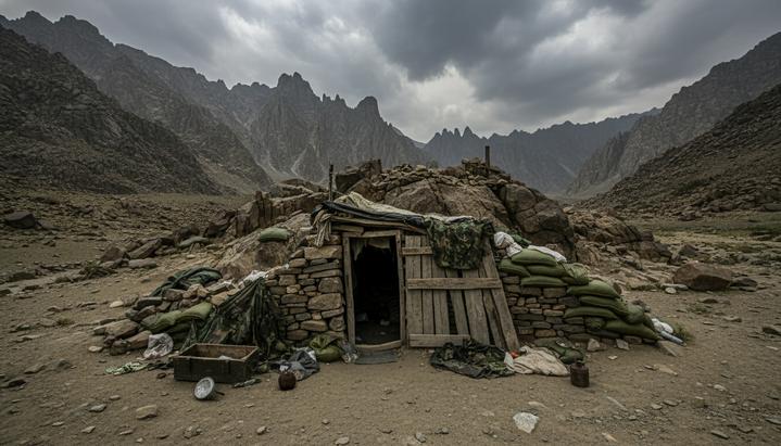 Суровая горная долина Тирах в Пакистане. На переднем плане покинутый укрепленный лагерь боевиков среди скал.