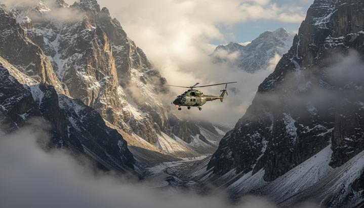 Индийский военный вертолет пролетает на низкой высоте через узкое скалистое ущелье в Гималаях.