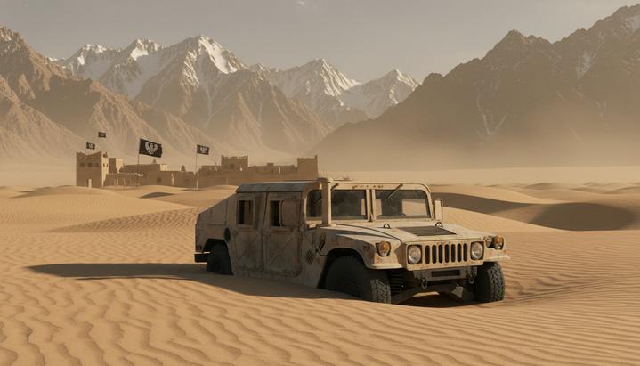 Заброшенный военный автомобиль Хамви в пустынной долине на фоне скалистых афганских гор и заброшенной базы.