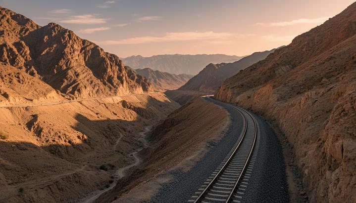 Современные железнодорожные пути, проложенные через пустынный и скалистый горный перевал в Афганистане.