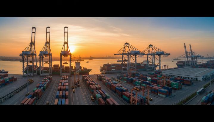 Современный грузовой порт в Индии на рассвете. Большие краны загружают контейнеры на крупное торговое судно.