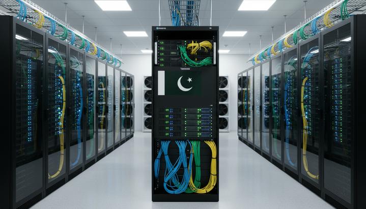 Современный дата-центр с рядами серверных стоек, светящимися индикаторами и эмблемой флага Пакистана.
