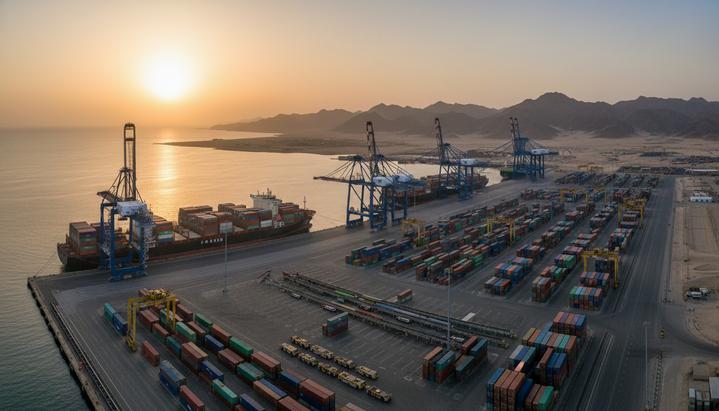 Современный морской порт Гвадар в Пакистане. Грузовые краны перемещают контейнеры на фоне больших кораблей и Аравийского моря.