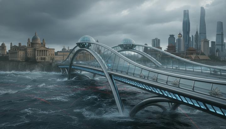 Современный мост с индийскими орнаментами соединяет два разных побережья через бушующий океан под облачным небом.