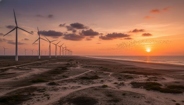 Ряд ветряных турбин на побережье в Маннаре, Шри-Ланка, на фоне заката. Вдали летит стая перелетных птиц.