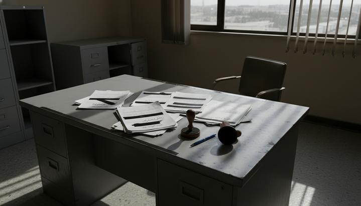 Пустой кабинет с металлическим столом, на котором лежат разбросанные отредактированные документы и перевернутый штамп.