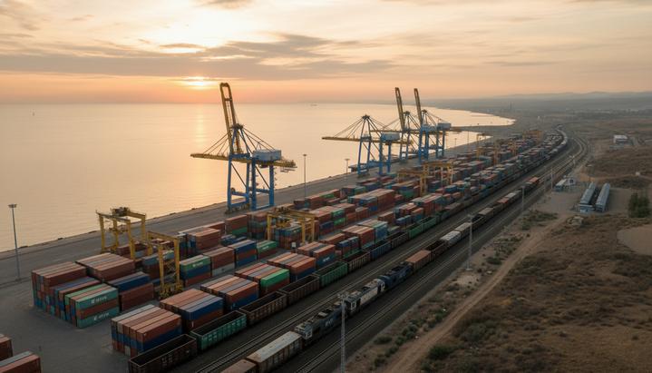 Морской порт на берегу Каспийского моря на рассвете: грузовые краны, контейнеры и железнодорожный состав.