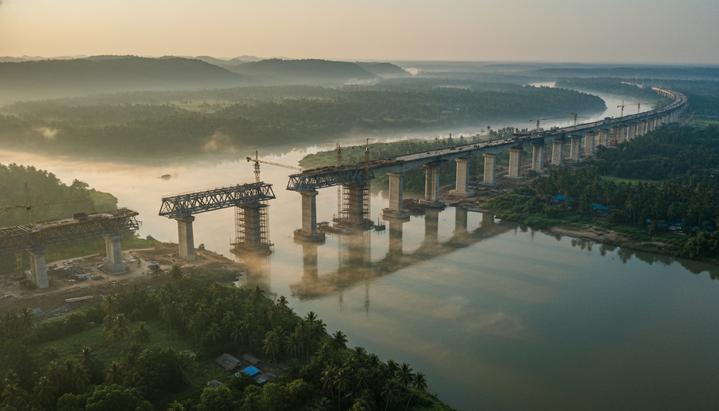 Строительство длинного современного моста через широкую реку в зеленой долине на северо-востоке Индии ранним утром.