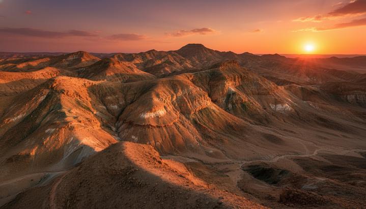 Бесплодный горный ландшафт пакистанской провинции Белуджистан. В скалах видны цветные прожилки минеральных руд.